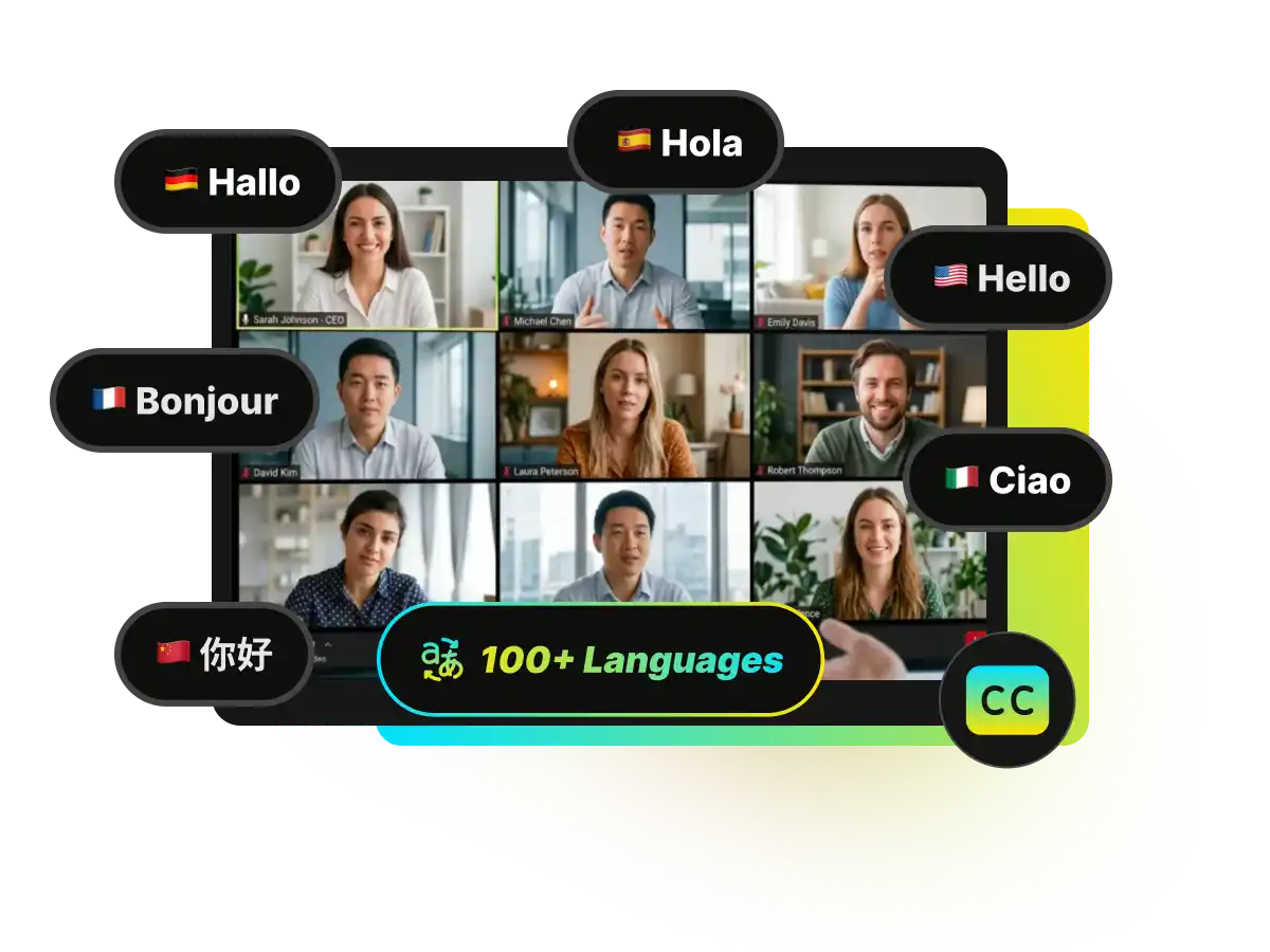 Grade de videoconferência com balões de fala traduzindo saudações em vários idiomas, representando +100 idiomas suportados.